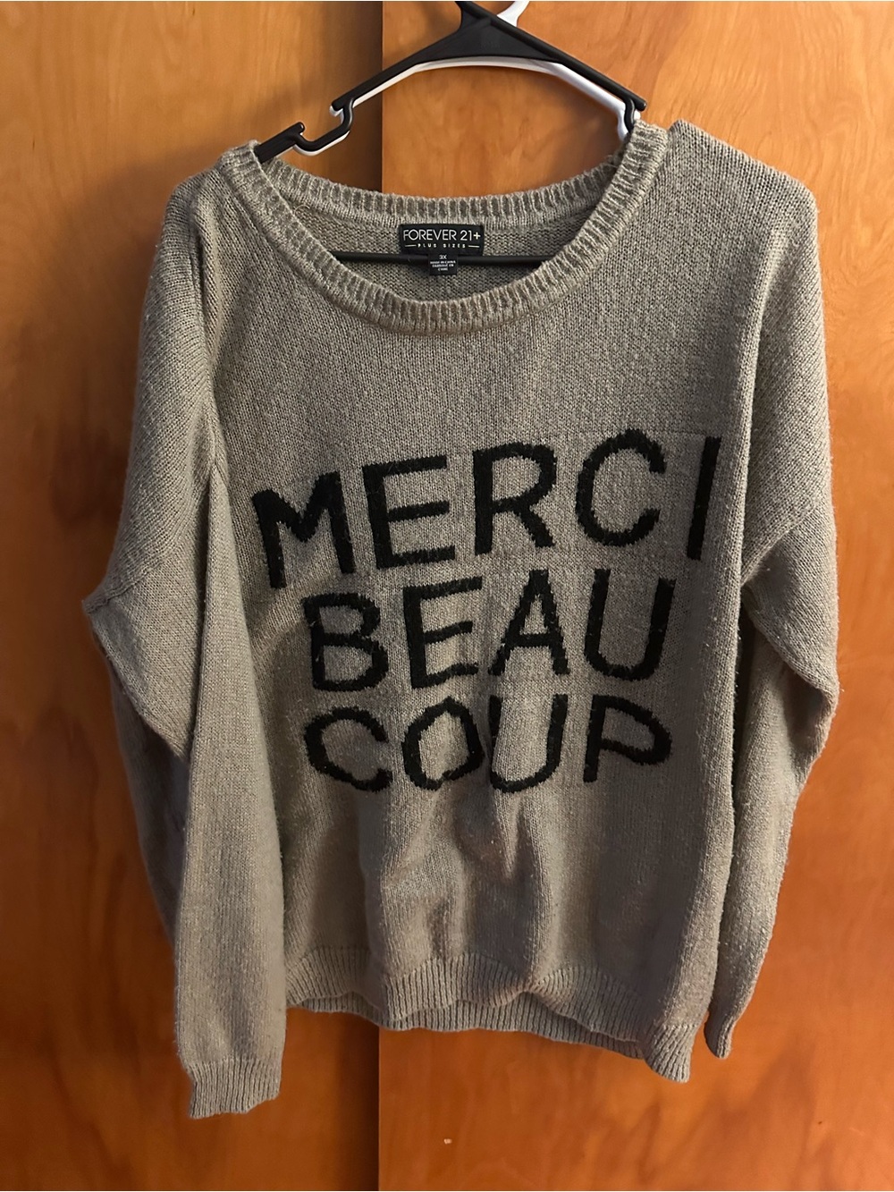 Forever 21 Beige Knit Crewneck Sweater with Black 'MERCI BEAU COUP' Text